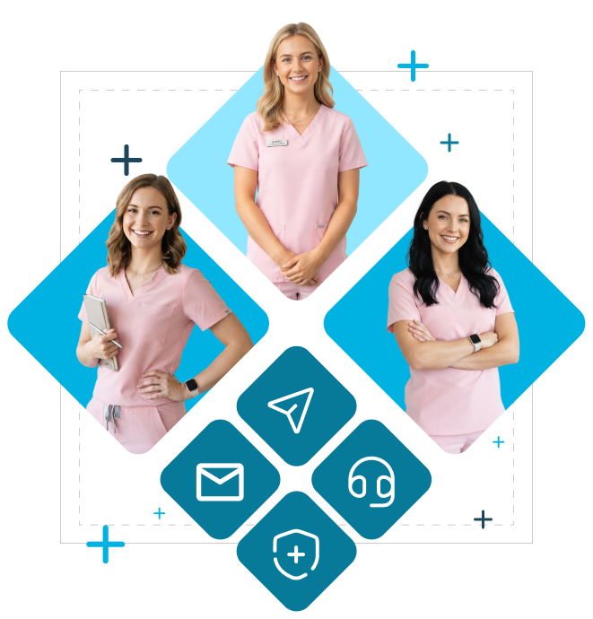 Three healthcare professionals smiling with arms crossed, including a male nurse with a stethoscope and two female colleagues in medical attire.