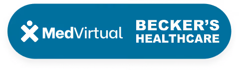 MedVirtual and Becker's logos combined on a rounded blue rectangular background.