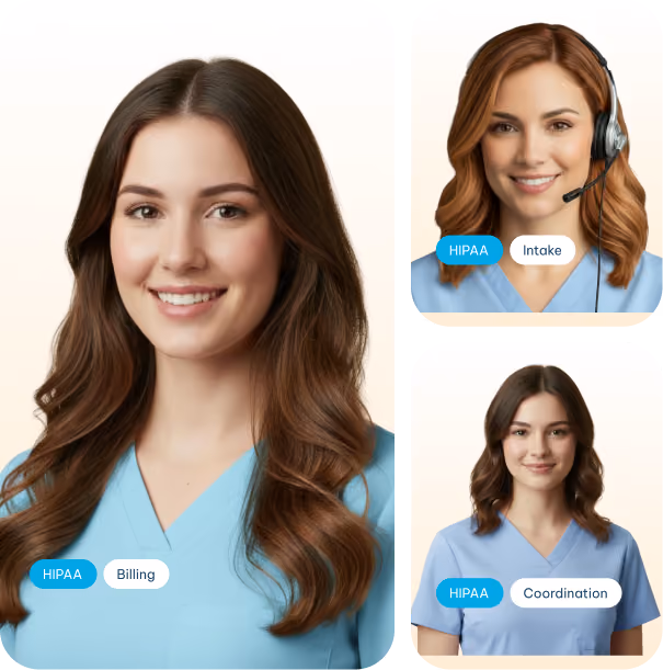 Three healthcare workers in blue scrubs representing HIPAA billing, intake, and coordination roles.