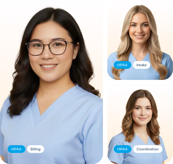 Three healthcare professionals in blue scrubs labeled HIPAA with Billing, Intake, and Coordination tags.