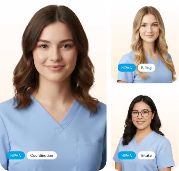Three women in blue scrubs representing HIPAA support for Coordination, Billing, and Intake.