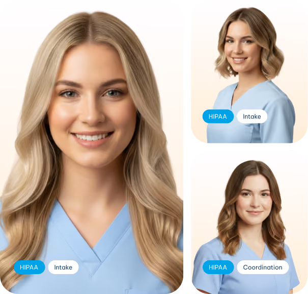 Three smiling women in light blue scrubs labeled HIPAA Intake and Coordination roles.