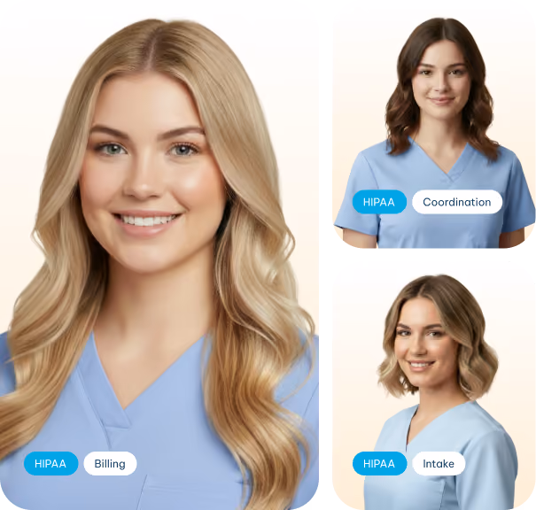 Three smiling healthcare workers in blue scrubs labeled HIPAA Billing, Coordination, and Intake.