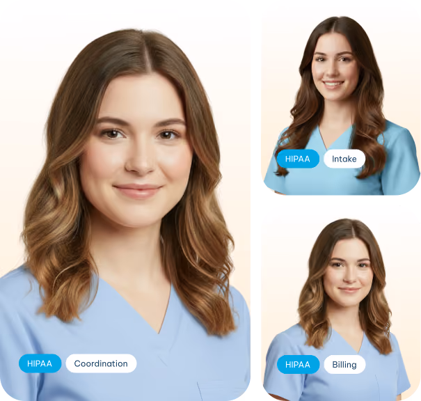Smiling young woman in blue medical scrubs shown in three poses labeled HIPAA Intake, Coordination, and Billing.