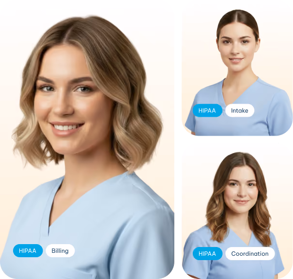 Collage of three nurses in blue scrubs labeled HIPAA Billing, Intake, and Coordination with light backgrounds.