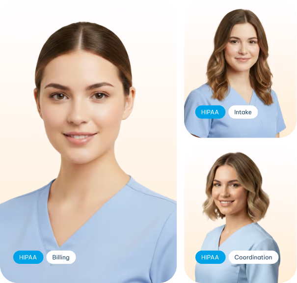 Three female healthcare workers in blue scrubs labeled HIPAA Billing, Intake, and Coordination.