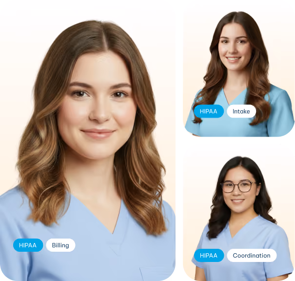 Portraits of three smiling female healthcare workers in blue scrubs labeled HIPAA with Intake, Billing, and Coordination.