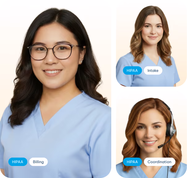 Three female healthcare professionals in blue scrubs representing HIPAA Billing, Intake, and Coordination.