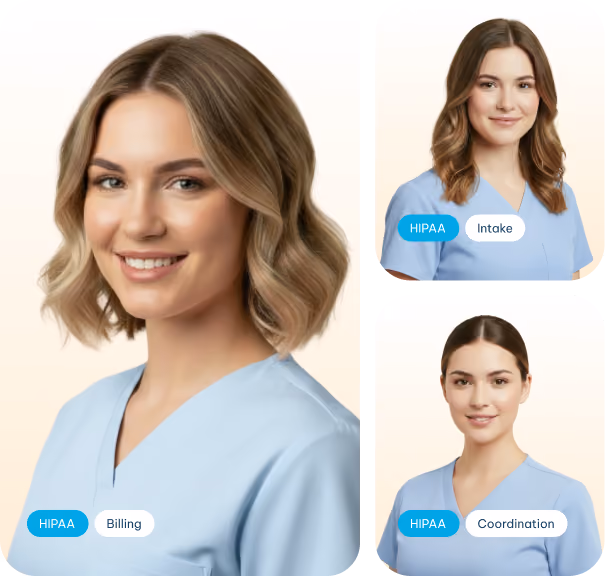Three female healthcare workers in blue scrubs labeled HIPAA Billing, Intake, and Coordination.
