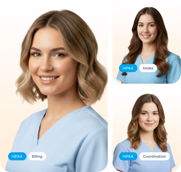 Three smiling female healthcare workers in light blue scrubs with HIPAA labels on their images.