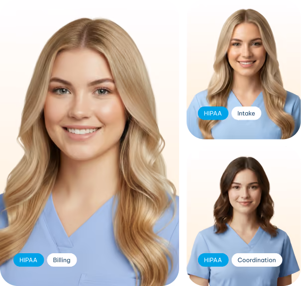 Three female healthcare workers in blue scrubs labeled HIPAA Billing, Intake, and Coordination.