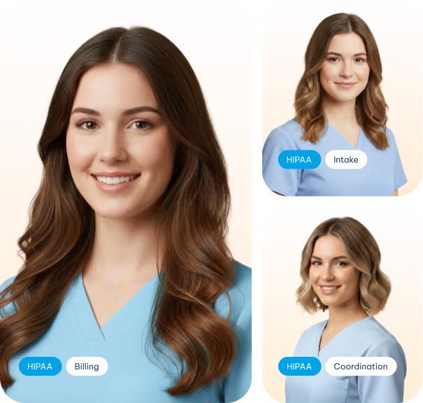 Three smiling women in blue scrubs labeled HIPAA with Billing, Intake, and Coordination tags.