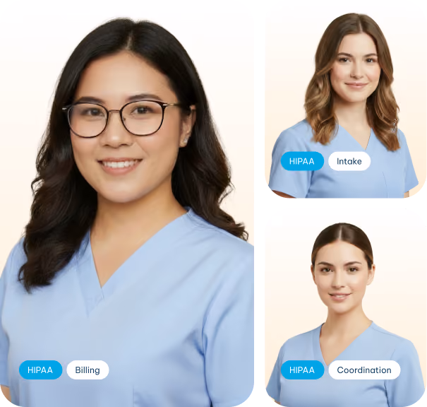 Three smiling female healthcare workers in blue scrubs with HIPAA tags for Billing, Intake, Coordination.