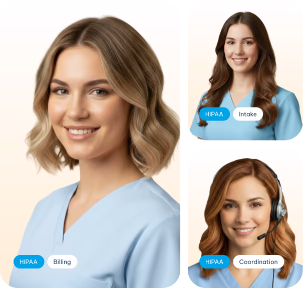 Three smiling female healthcare workers in blue scrubs labeled HIPAA with Billing, Intake, and Coordination tags.