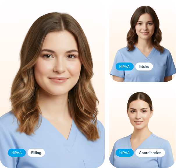 Three women in blue medical scrubs with labels HIPAA, Intake, Billing, and Coordination.