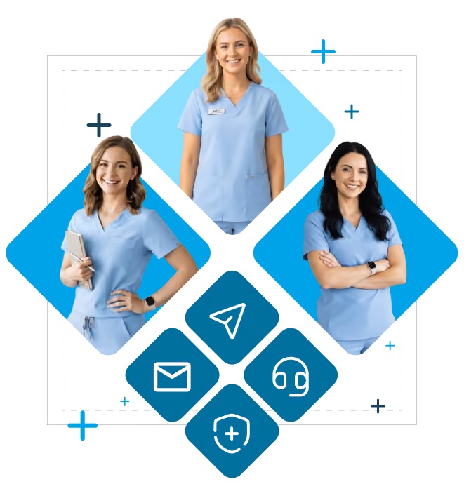 Three healthcare professionals smiling with arms crossed, including a male nurse with a stethoscope and two female colleagues in medical attire.