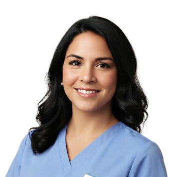 Smiling woman with shoulder-length black hair wearing a purple V-neck top.