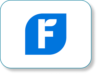 Blue leaf-shaped icon with a white letter F inside.