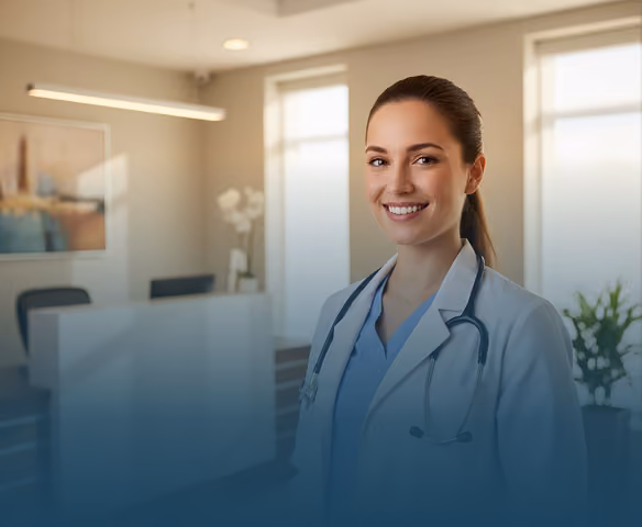 Smiling female doctor wearing a white coat and stethoscope in a bright medical office.