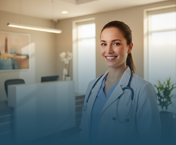 Smiling female doctor wearing a white coat and stethoscope in a bright medical office.