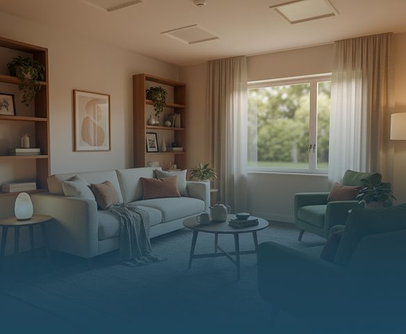 Cozy living room with light gray sofa, green armchairs, round coffee table, shelves, and window with curtains.