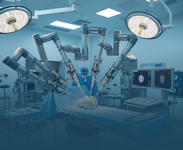 Surgical robot with multiple arms performing operation on patient in an operating room.