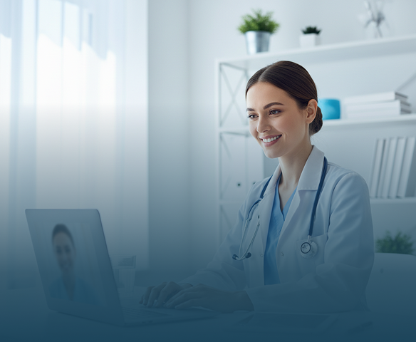 Smiling female doctor using laptop for telemedicine in a bright office with shelves and plants.