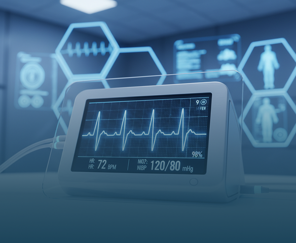 Medical monitor displaying heart rate, blood pressure, and oxygen saturation with digital ECG waveforms.