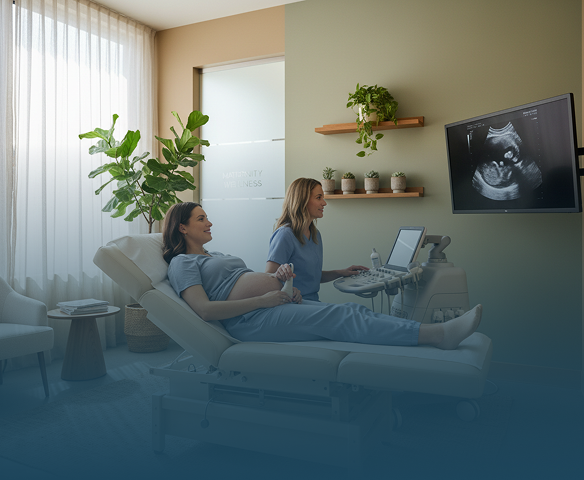Pregnant woman having an ultrasound exam by a healthcare professional in a modern clinic room.
