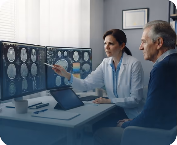 Female doctor explaining brain scans on dual monitors to an elderly male patient in an office.
