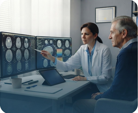 Female doctor explaining brain scans on dual monitors to an elderly male patient in an office.