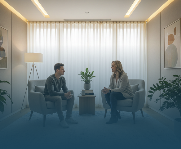 Smiling female doctor using laptop for telemedicine in a bright office with shelves and plants.