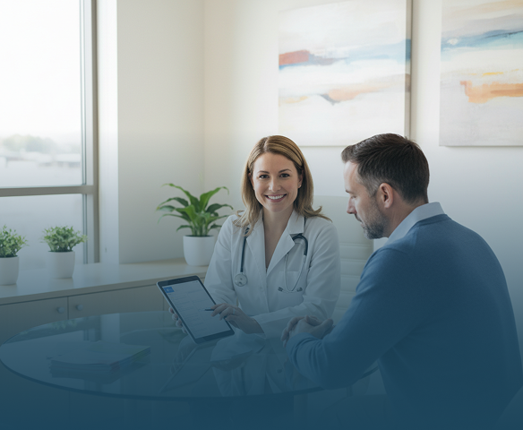 Smiling female doctor with stethoscope in a bright, modern medical office.