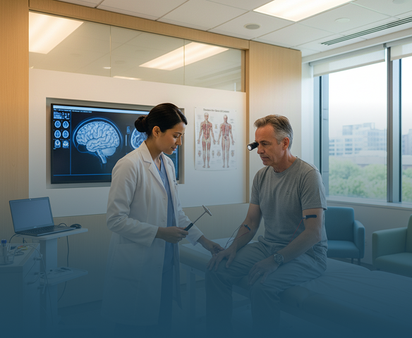 Doctor performing neurological exam with reflex hammer on seated male patient in medical office.