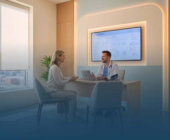 Doctor discussing test results with a female patient in a modern office with charts on a screen