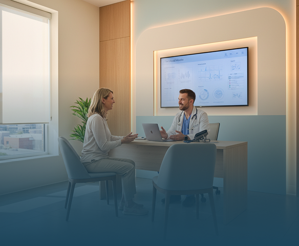 Doctor discussing test results with a female patient in a modern office with charts on a screen
