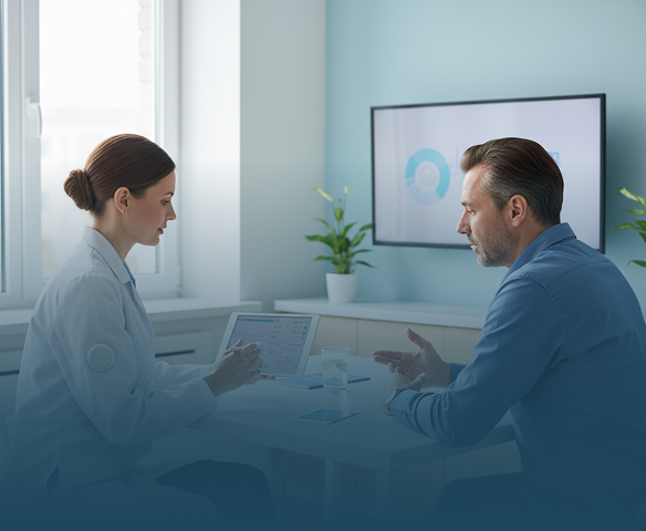 Doctor and patient discussing data shown on a tablet in a modern office.