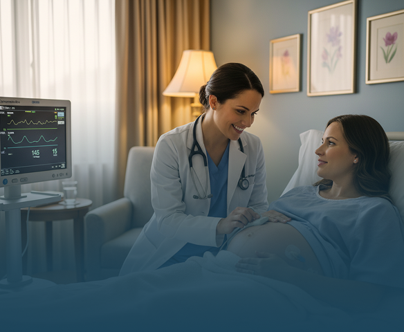Doctor smiling and checking a pregnant woman's belly in a hospital room with fetal monitor nearby.
