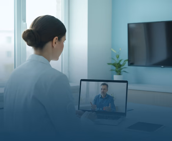 Male patient and female doctor discussing medical data on a tablet in a bright consultation room.