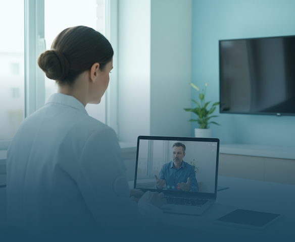 Male patient and female doctor discussing medical data on a tablet in a bright consultation room.