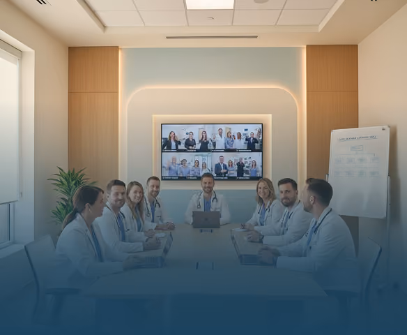 Doctor consulting a female patient in a modern medical office with charts displayed on a wall screen.