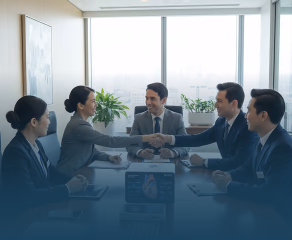 Five business professionals sitting at a conference table, two shaking hands with smiles.
