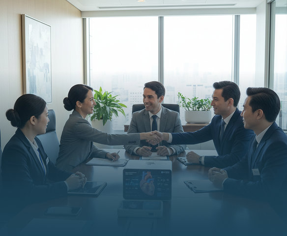 Five business professionals sitting at a conference table, two shaking hands with smiles.