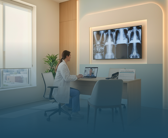 Doctor in white coat consulting with a female patient across a desk in a modern office.