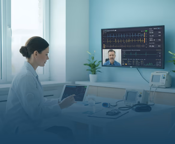 Doctor showing medical data on tablet to male patient in modern office with chart on screen.