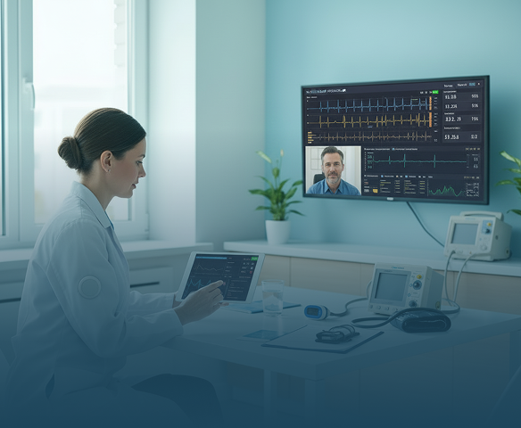 Doctor showing medical data on tablet to male patient in modern office with chart on screen.
