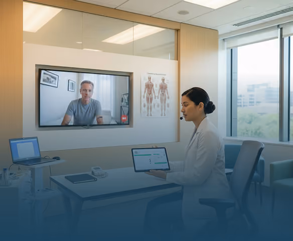 Doctor in white coat examining middle-aged male patient in clinic with brain scan and anatomy poster.