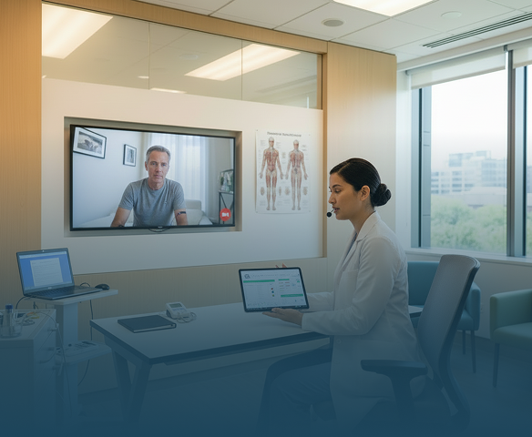 Doctor in white coat examining middle-aged male patient in clinic with brain scan and anatomy poster.