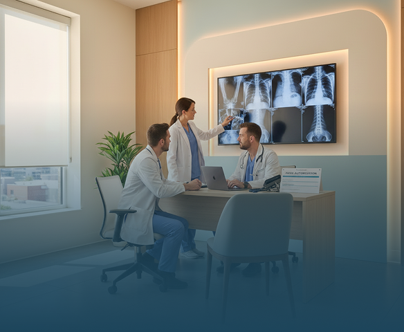 Doctor consulting smiling female patient in a bright office with medical charts on a screen.