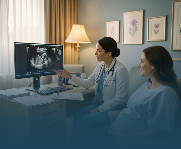 Doctor smiling and checking a pregnant woman's belly in a hospital room with fetal monitor nearby.